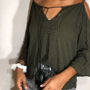 Women’s olive green pattern bell sleeve blouse